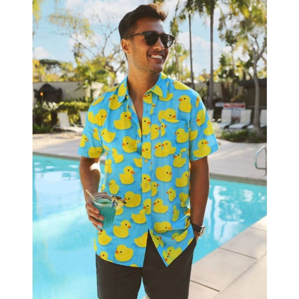 Tipsy Elves Men's Rubber Ducky Hawaiian Shirt Size Large Blue Yellow NEW